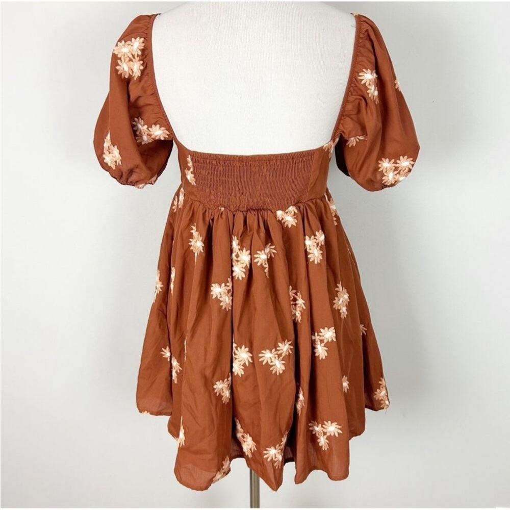 Altar'd State Floral Puff Sleeve Mini Dress in Brown and Cream - Picture 4 of 4